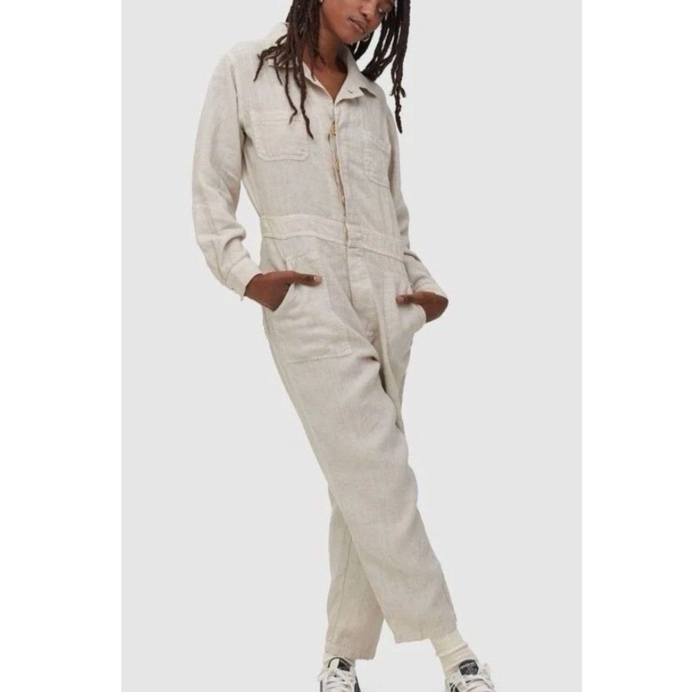 MATE the Label Linen Jumpsuit Oatmeal Beige Long Sleeve Utility Coveralls Size M